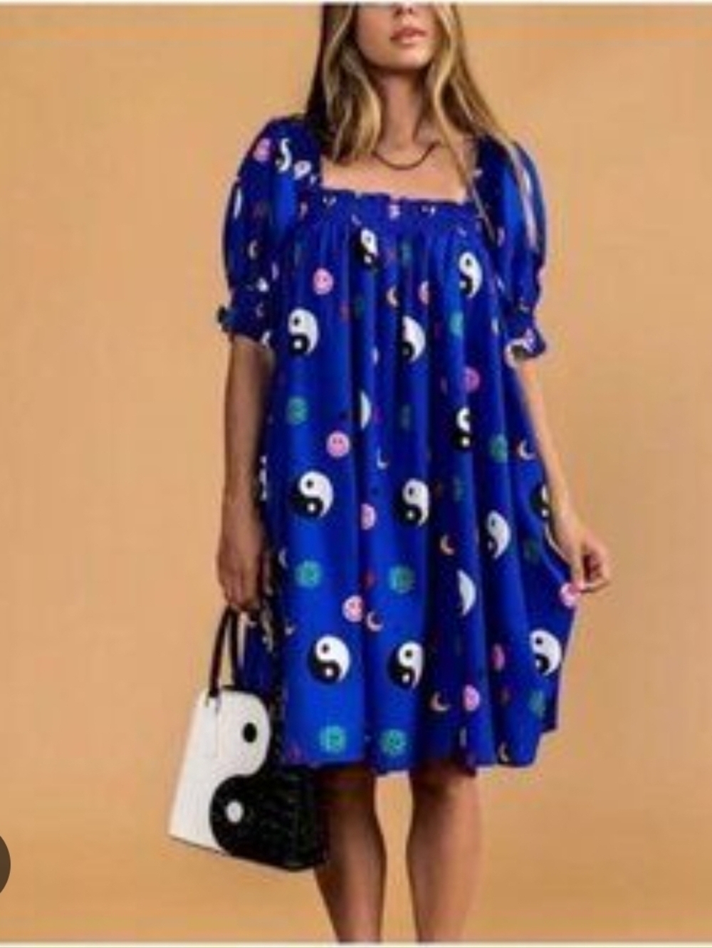 Dressed In Lala Smiley & Yin Yang Print Puff Sleeve Dress